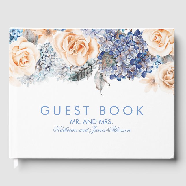 Livro De Visitas Casamento Elegante Floral Azul e Pessegueiro (Frente)