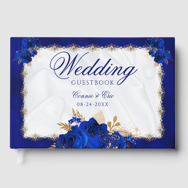 Livro De Visitas Casamento Elegante Floral Real Azul Dourado (Frente)