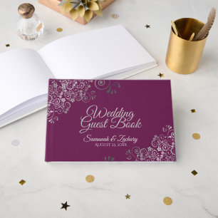 Livro De Visitas Casamento Elegante Frilly Filigree Cassis Prata