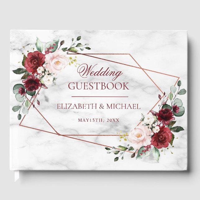 Livro De Visitas Casamento Elegante Marble Marble Geométrico de Cob (Frente)