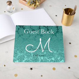 Livro De Visitas Casamento Elegante Monograma Verde Azul Branco