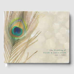 Livro De Visitas Casamento Elegante Pena de Pavão Exótico Dourado
