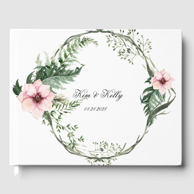 Livro De Visitas Casamento Elegante Pink e Fern Verde (Frente)