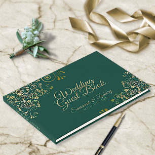 Livro De Visitas Casamento Elegante Verde Dourado e Esmeralda