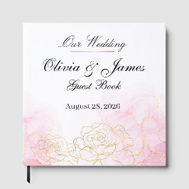 Livro De Visitas Casamento em Floral Aguarela Rosa Bege Dourado Ele