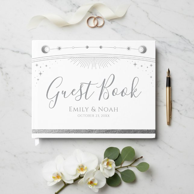 Livro De Visitas Casamento Estrelas Lua Sol Prata Branco Celestial (Criador carregado)
