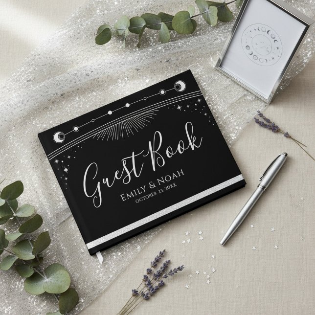 Livro De Visitas Casamento Estrelas Lua Sol Prata Preto Celestial (Criador carregado)