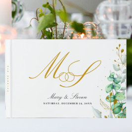 Livro De Visitas Casamento Eucalyptus e Monograma de Ouro