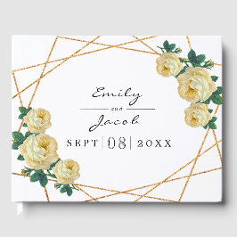 Livro De Visitas Casamento Floral Amarelo Glitter Geo Dourado Elega
