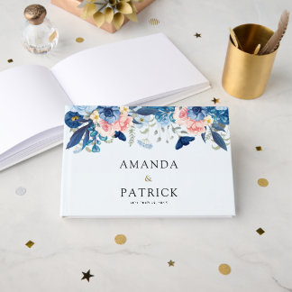 Livro De Visitas Casamento Floral Aquarela Azul Marinho Rosa