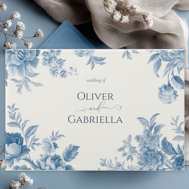 Livro De Visitas Casamento Floral Azul-Azul, Toile Francesa Elegant (Criador carregado)