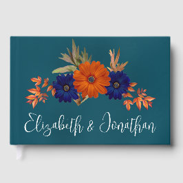 Livro De Visitas Casamento Floral Azul de Marinho Laranja de Outono
