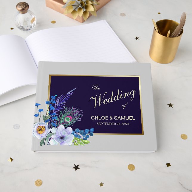 Livro De Visitas Casamento Floral Azul de Quadro Dourado (Frente aberta)