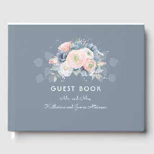Livro De Visitas Casamento floral azul empoeirado cor-de-rosa e da