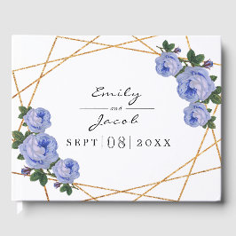 Livro De Visitas Casamento Floral Azul Geo Geo Dourado Elegante