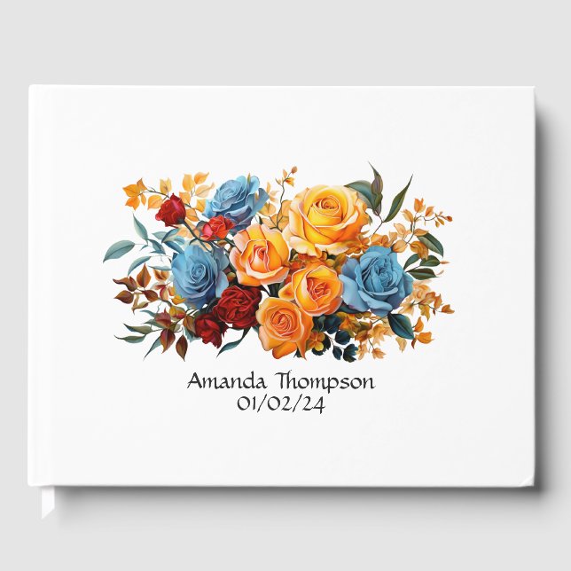 Livro De Visitas Casamento Floral Azul, Laranja, Amarelo e Vermelho (Frente)