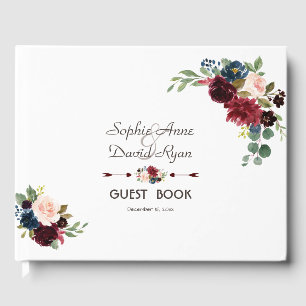 Livro De Visitas Casamento Floral Azul-Marinho de Merlot Elegante