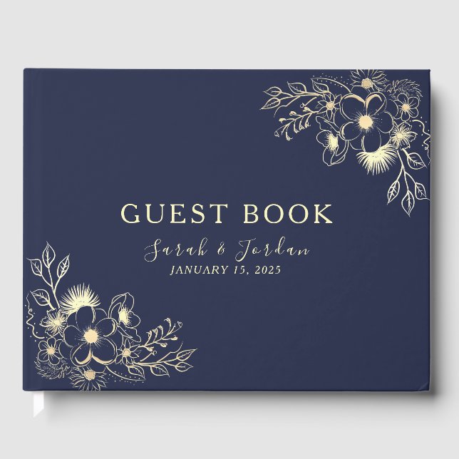 Livro De Visitas Casamento Floral Azul-Marinho Elegante (Frente)