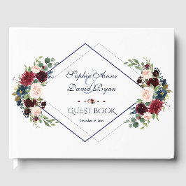 Livro De Visitas Casamento Floral Azul Marinho Geométrico Moderno
