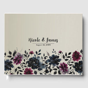 Livro De Visitas Casamento Floral Azul Meia-Noite Borgonha Amêndoa