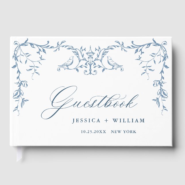 Livro De Visitas Casamento Floral Azul Ornamentado Vitoriano Elegan (Frente)