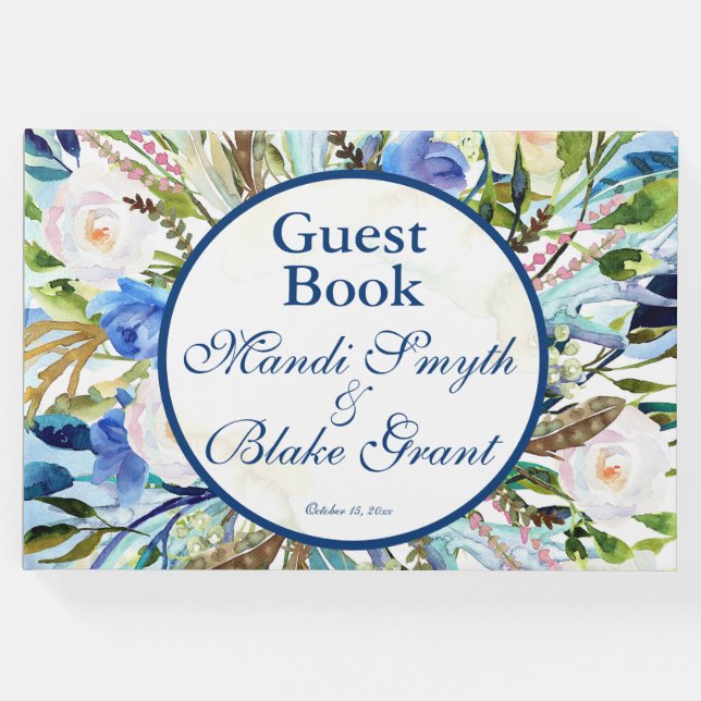 Livro De Visitas Casamento Floral Azul, Pálida Por Aquarela, Etc. (Frente)