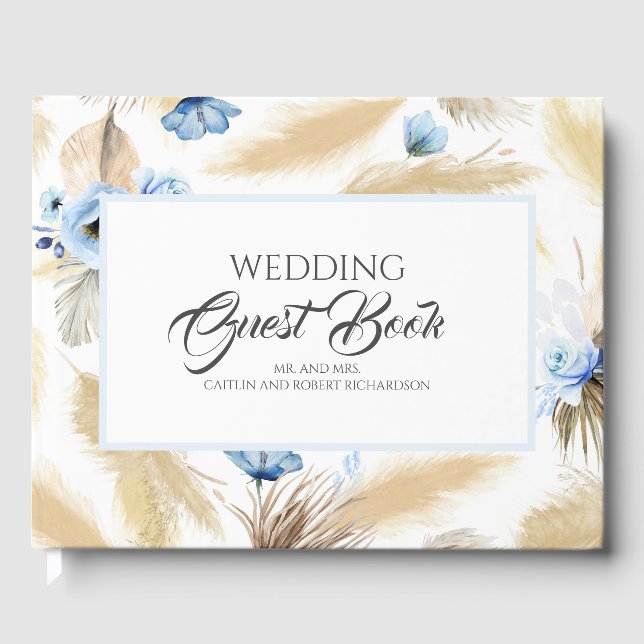 Livro De Visitas Casamento Floral Azul Pampas Grass Dusty (Frente)