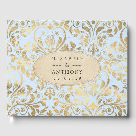 Livro De Visitas Casamento Floral Azul Pastel e Dourado