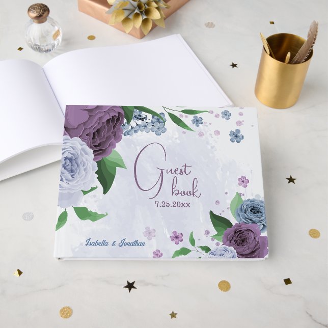 Livro De Visitas Casamento floral azul roxo (Frente aberta)