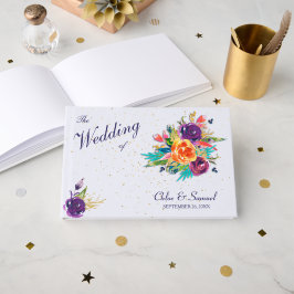 Livro De Visitas Casamento Floral Blue Tangerine