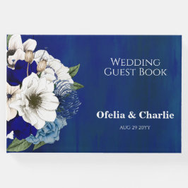 Livro De Visitas Casamento Floral Branco Azul de Cobalto Moderno