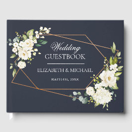 Livro De Visitas Casamento Floral Branco Azul Geométrico de Cobre