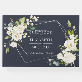 Livro De Visitas Casamento Floral Branco Azul Marinho Geométrico