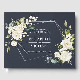 Livro De Visitas Casamento Floral Branco Azul Marinho Geométrico
