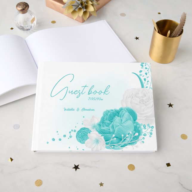 Livro De Visitas casamento floral branco de turquesa (Frente aberta)