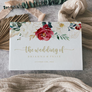 Livro De Visitas Casamento Floral Branco Dourado Clássico Burgundy