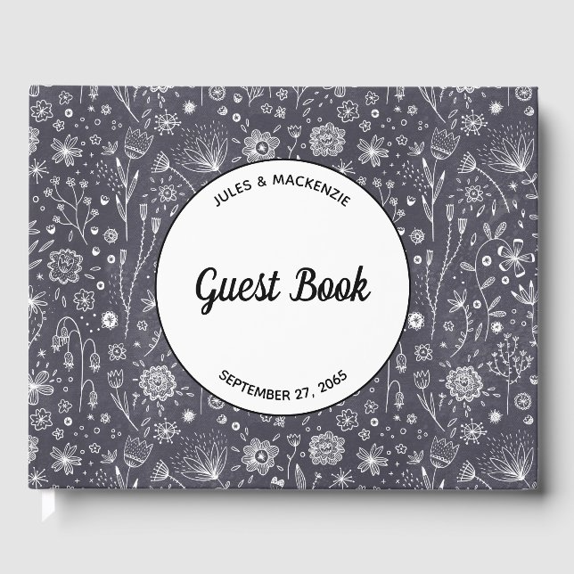 Livro De Visitas Casamento Floral Branco e Negro Moderno (Frente)