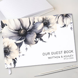 Livro De Visitas Casamento Floral Branco Negro Moderno Boho