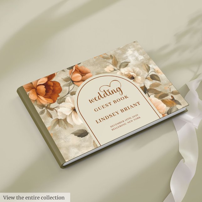 Livro De Visitas Casamento Floral Chic Boho Laranja Queimada Oliva  (Chic Boho Burnt Orange Ivory Olive Floral Wedding Guest Book

)