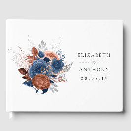 Livro De Visitas Casamento Floral Coral, Azul Marinho e Prata