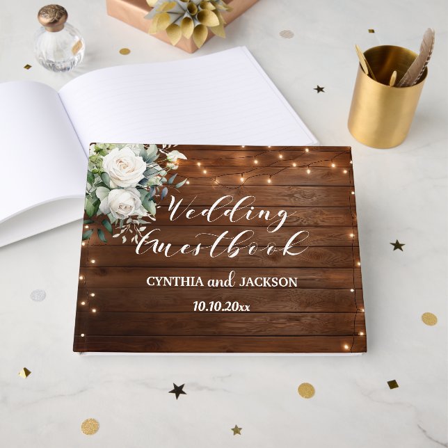 Livro De Visitas Casamento Floral das Luzes Rústicas da Madeira Mar (Frente aberta)