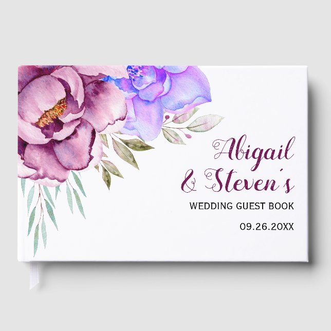 Livro De Visitas Casamento floral de flores de aquarela púrpura, az (Frente)