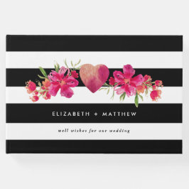Livro De Visitas Casamento Floral de Flores Fuchsia em Stripes Negr
