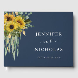 Livro De Visitas Casamento Floral de Girassol Azul Marinho Elegante