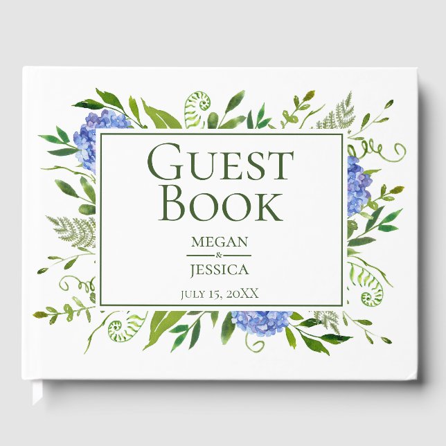 Livro De Visitas Casamento Floral de Hydrangeas Azuis LGBTQ (Frente)