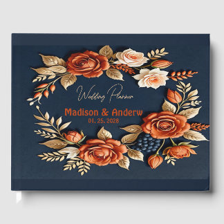 Livro De Visitas Casamento Floral de Laranja e Marinho Azul Queimad