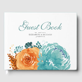 Livro De Visitas Casamento Floral de Laranja Queimada com Teal Eleg