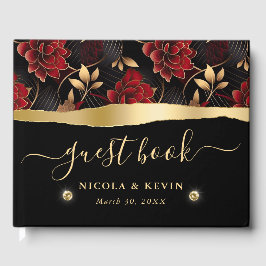 Livro De Visitas Casamento Floral de Mármore Vermelho Preto e Doura