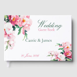 Livro De Visitas Casamento Floral de Peônia Rosa em Aquarela