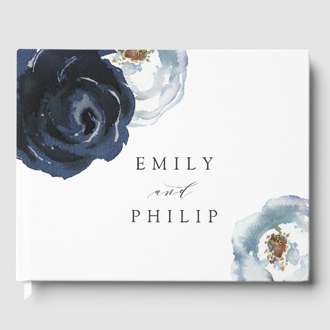 Livro De Visitas Casamento Floral de Peony Azul-Marinho Chic (Frente)
